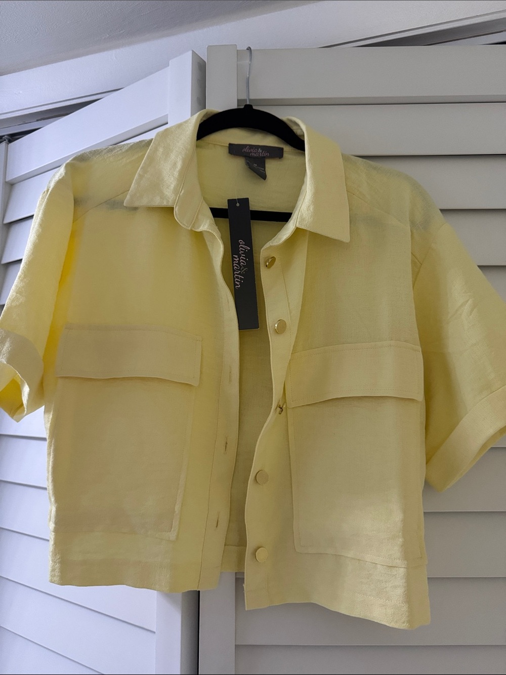 Yellow Linen Blend Short Sleeve Button Front Shirt Jacket